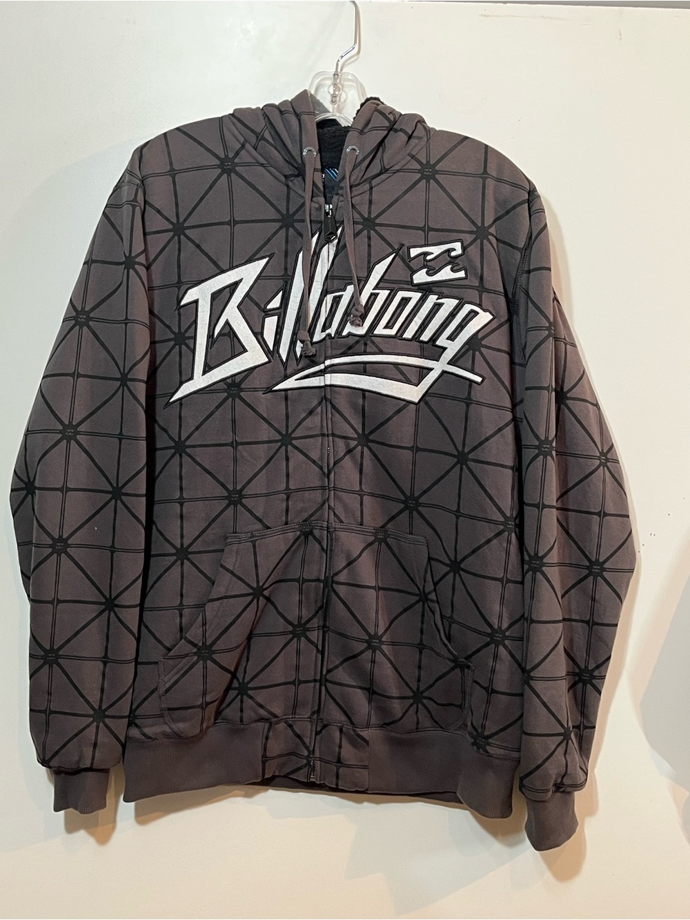 2000s Billabong Gray Geometric Full Zip-Up Sherpa Hoodie